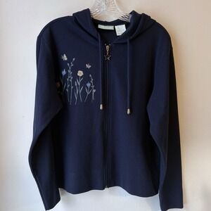 220 Hickory Women's Floral Embroidered Hoodie Medium Navy Full Zip Casual